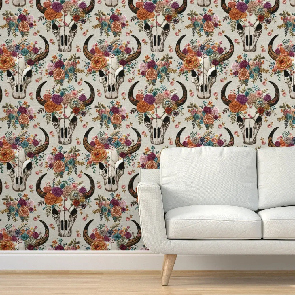 Western Floral Skull Embroidery Peel and Stick Wallpaper - Off-White product