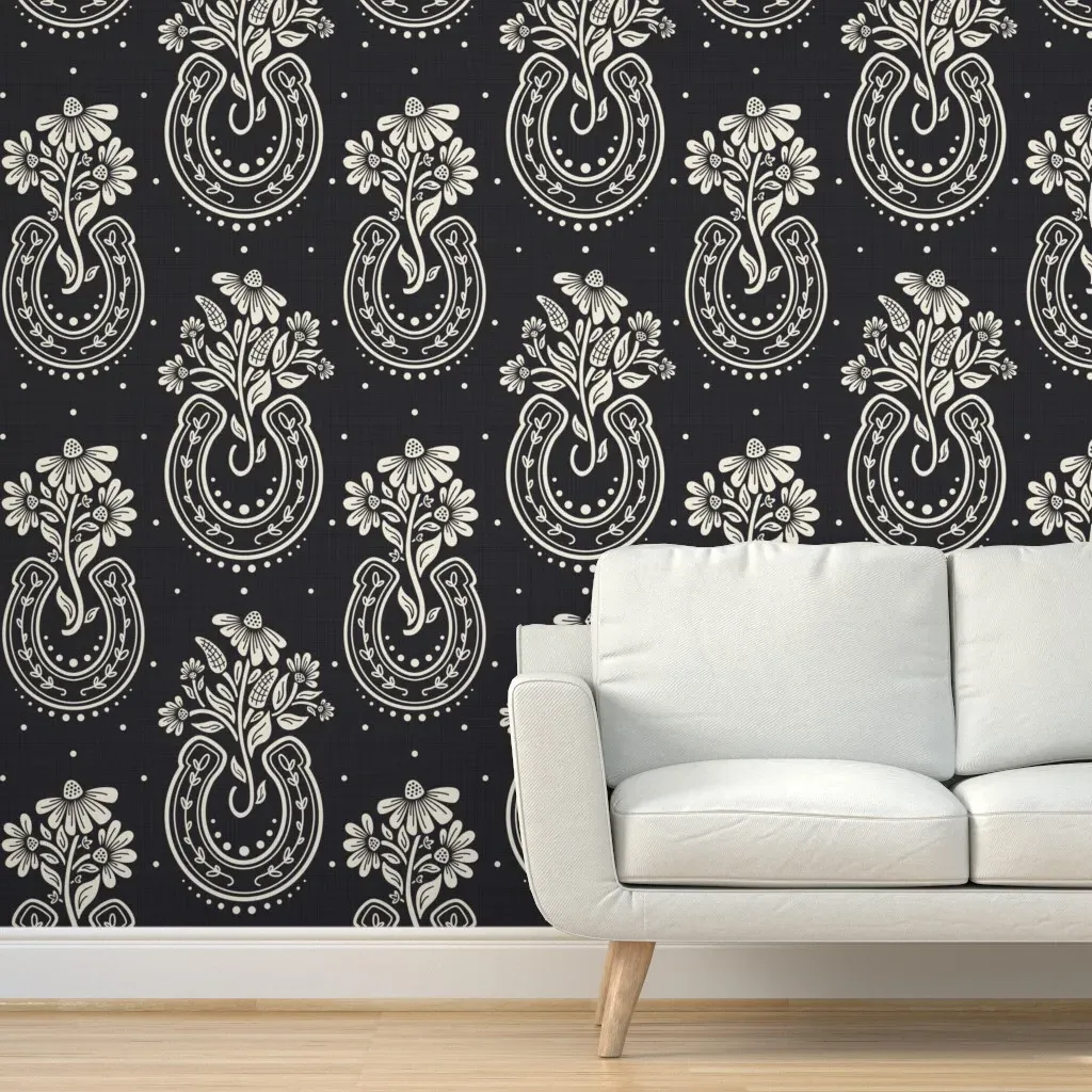 Western Horseshoes Wildflowers Peel and Stick Wallpaper - Black, Off-White product