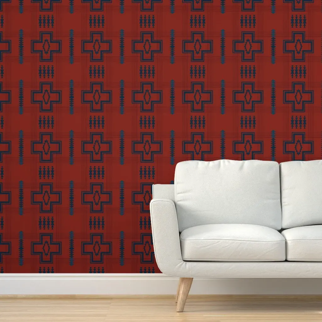 Western Life Medium Cross Blanket Peel and Stick Wallpaper - Brick Red product