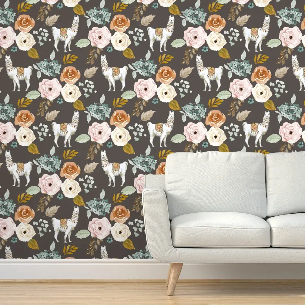 Western Llama Autumn Bouquet Peel and Stick Wallpaper - Dark Tan product