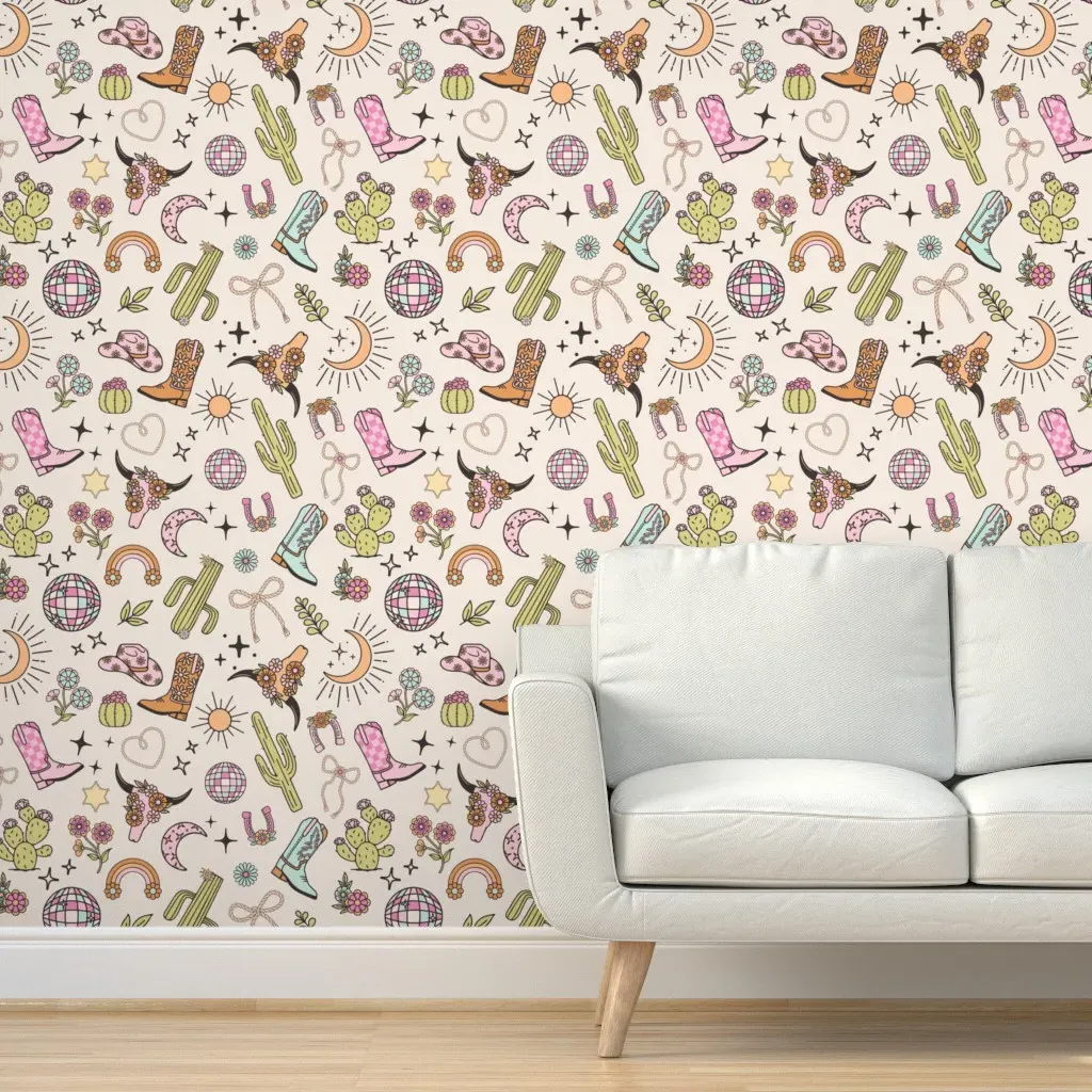 Western Rodeo Disco Cowgirl Peel and Stick Wallpaper - Dusty Pink product