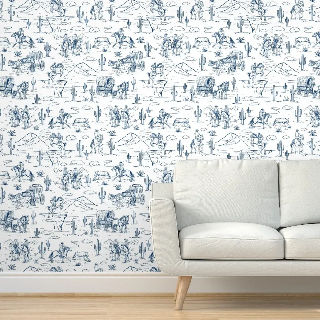 Western Toile Cowboy Peel and Stick Wallpaper - Indigo product