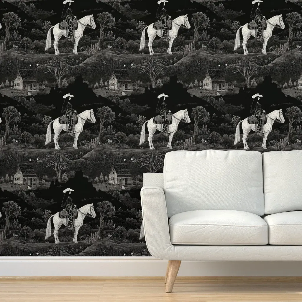 Western Toile Cowgirl Peel and Stick Wallpaper - Black & White product