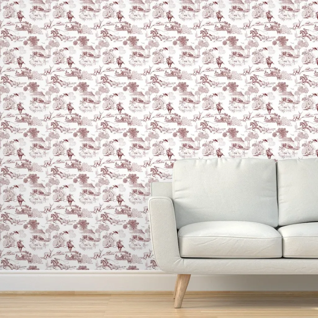 Western Vintage French Cowboy Toile Peel and Stick Wallpaper - Dusty Rose product