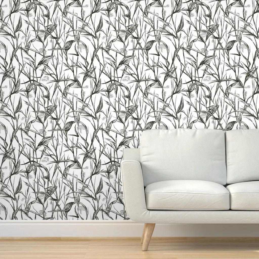 Wetland Grass Botanical Etching Peel and Stick Wallpaper - Black and White product