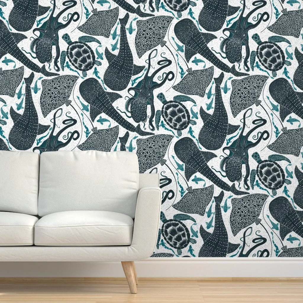 Whale Shark Sea Turtle Octopus Peel and Stick Wallpaper - Dark Blue product