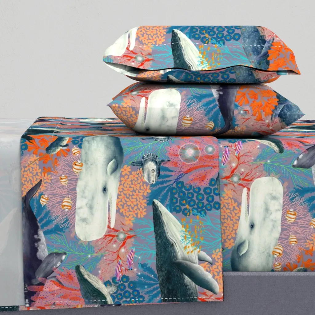 Whales In Bloom Sunset King Size Sheet Set - Dusty Blue product