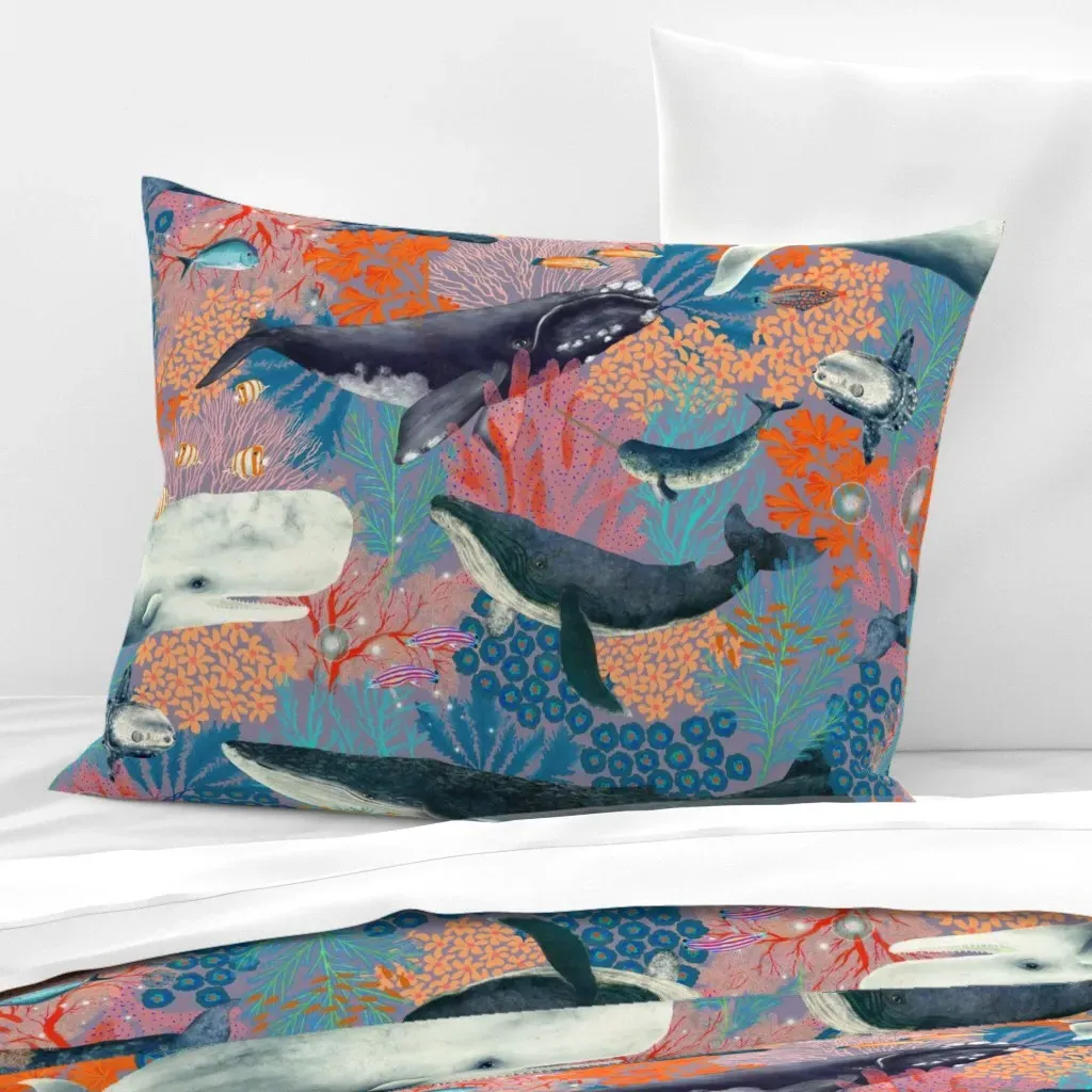 Whales In Bloom Sunset Standard Knife Edge Cushion - Dusty Blue, Cotton Sateen product