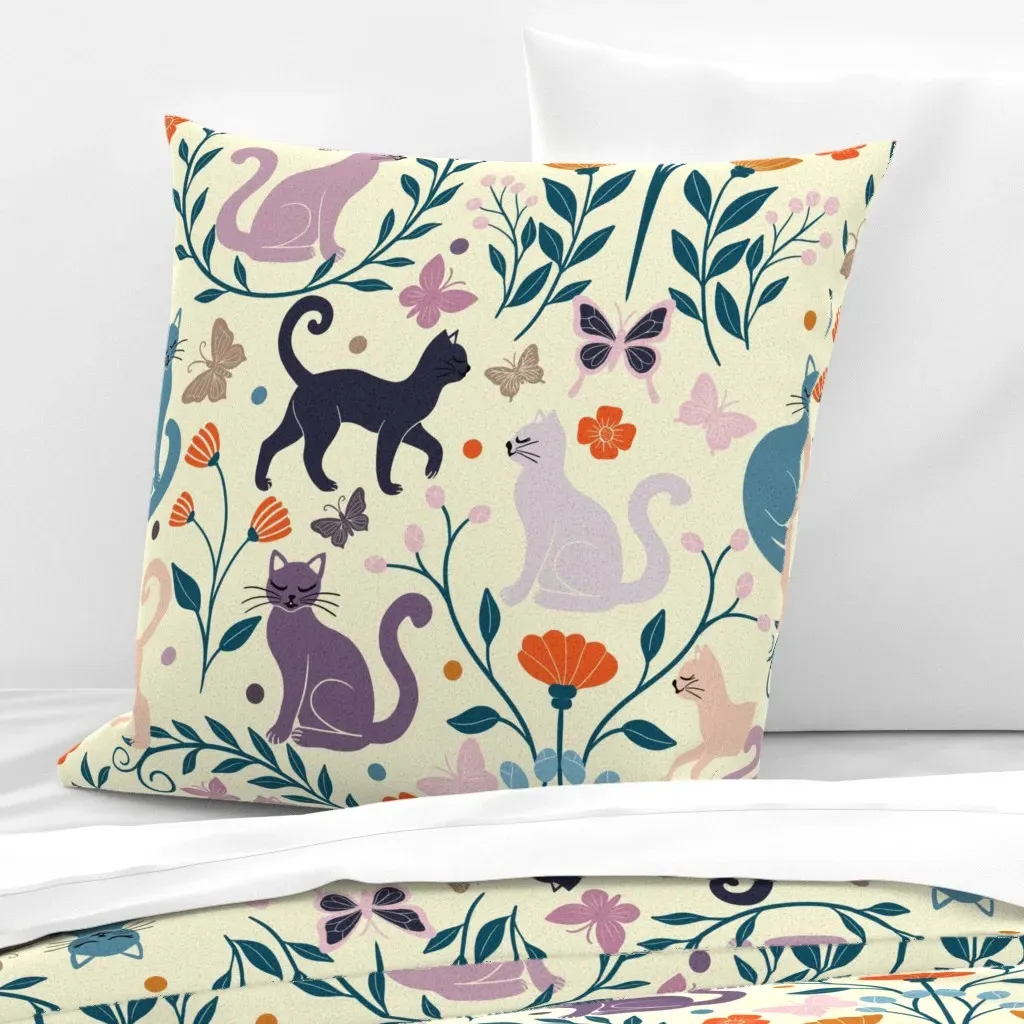 Whimsical Cats And Flowers Folk Art Floral Euro Pillow Sham - Cream product