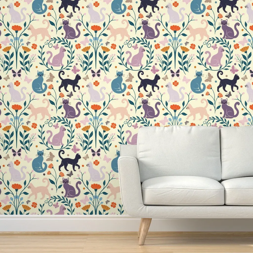Whimsical Cats and Flowers Peel and Stick Wallpaper - Cream product