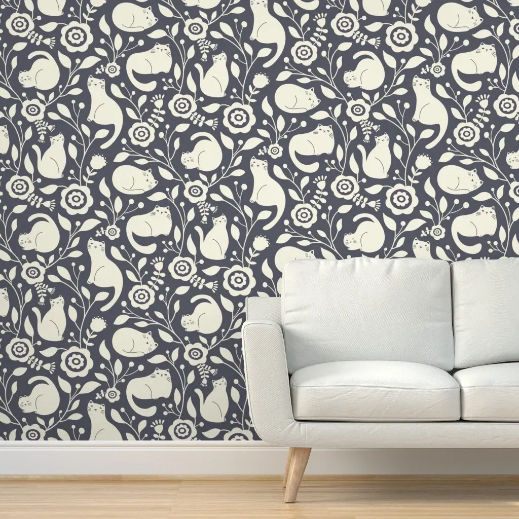 Whimsical Cats in Garden Peel and Stick Wallpaper - Black, Cream product