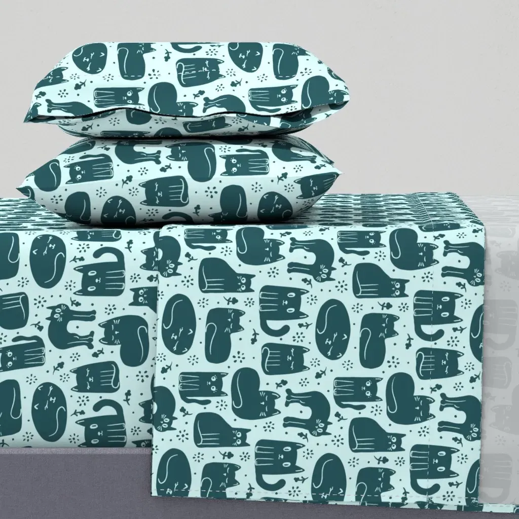Whimsical Cats King Size Sheet Set - Teal product