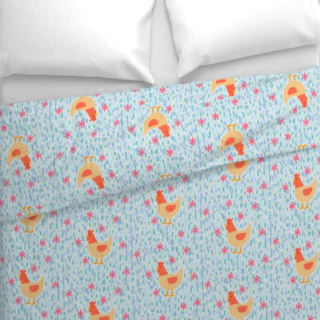 Whimsical Chickens And Flowers Duvet Cover - Yellow alternate view