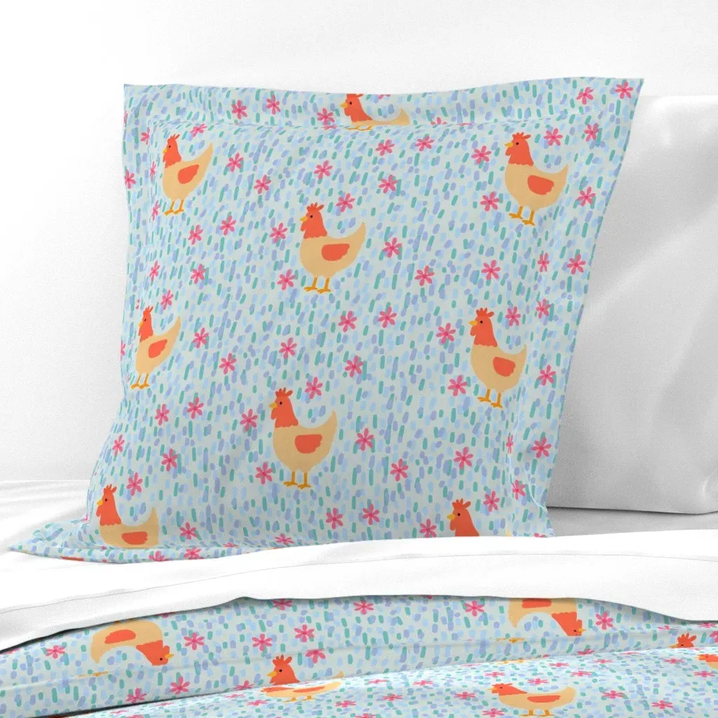 Whimsical Chickens And Flowers Euro Pillow Sham - Yellow product