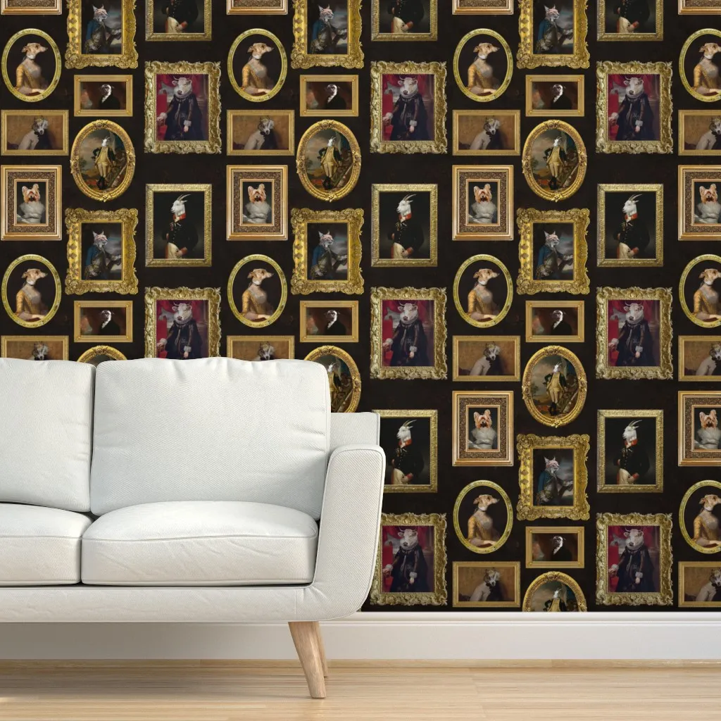 Whimsical Fluffy Dogs Portraits Peel and Stick Wallpaper - Gold product