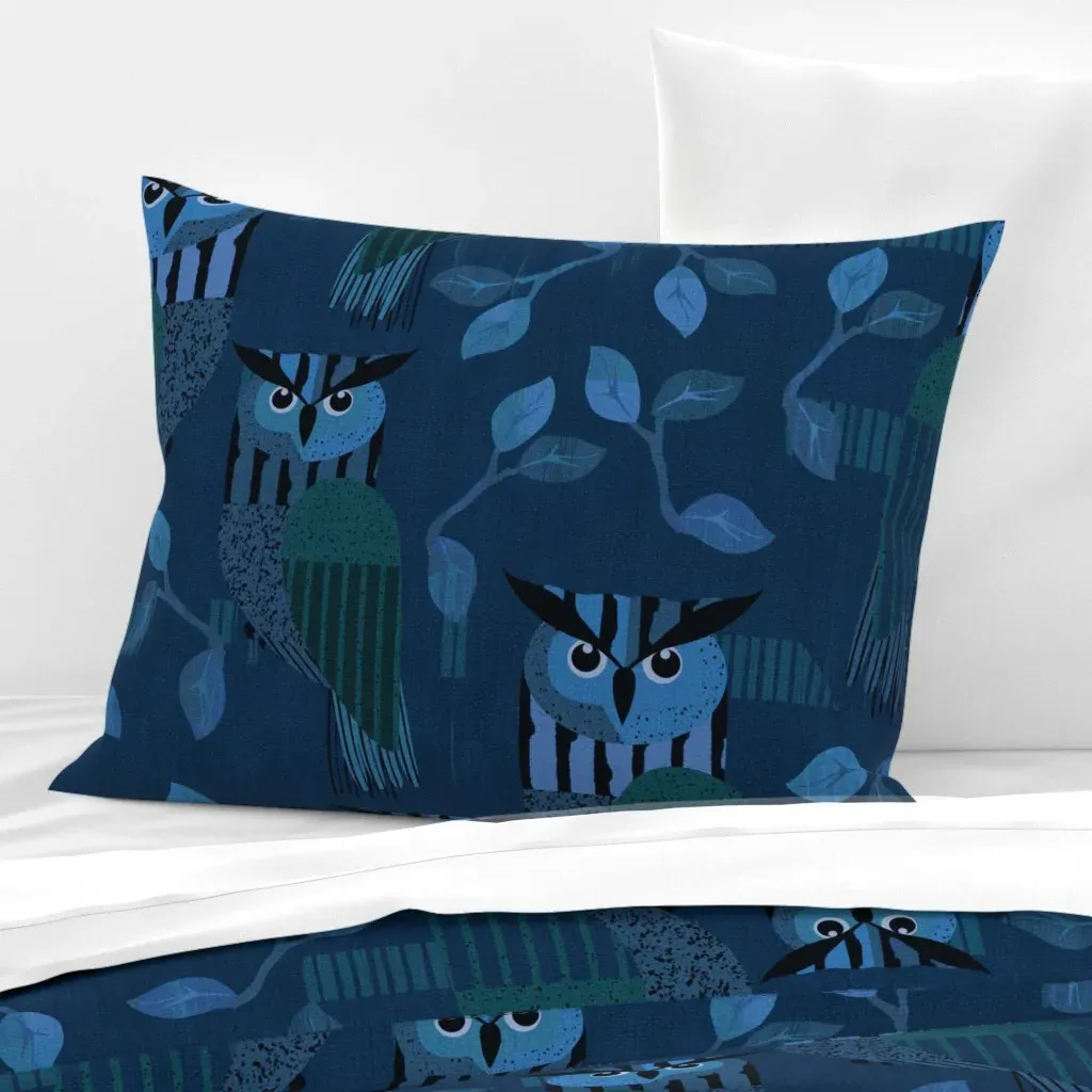 Whimsical Forest Owls Geometric Standard Pillow Sham - Dark Teal, Cotton Sateen product