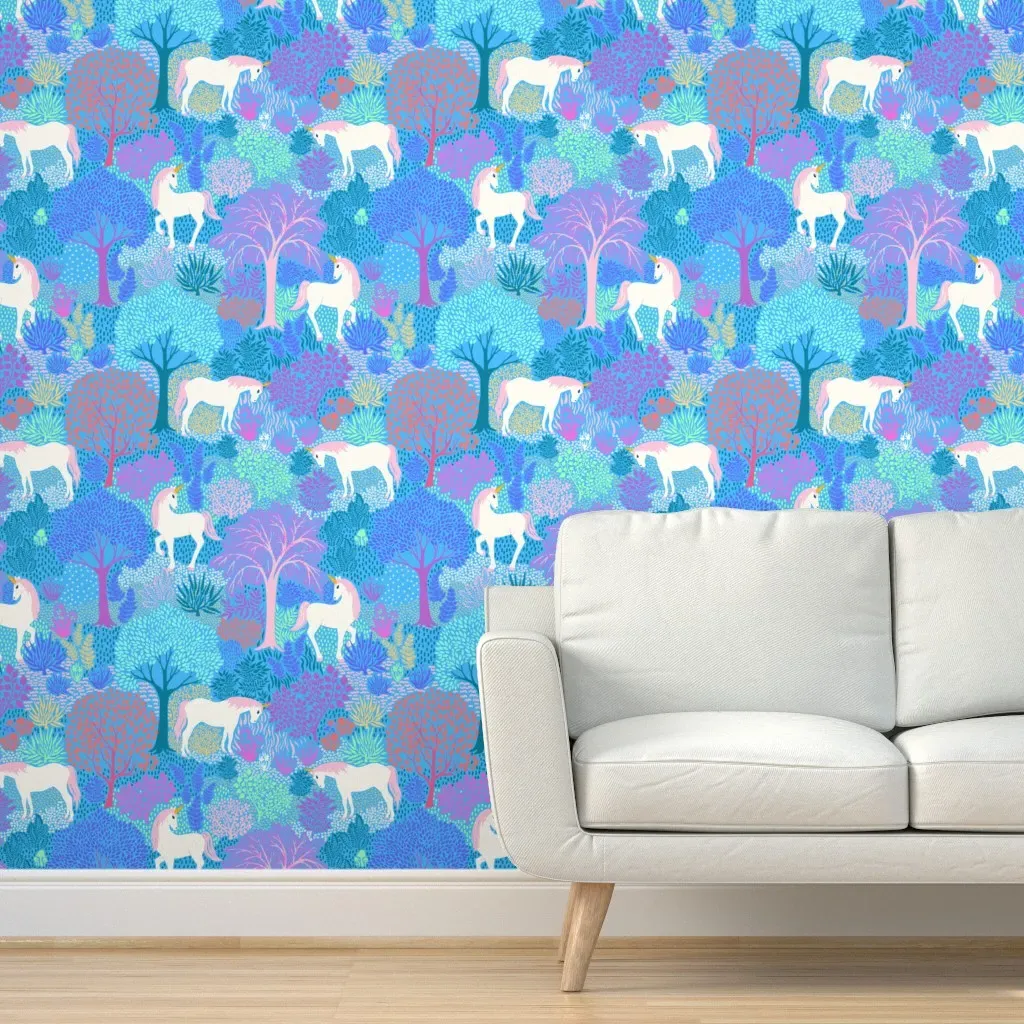 Whimsical Forest With Unicorns Peel and Stick Wallpaper - Pink product