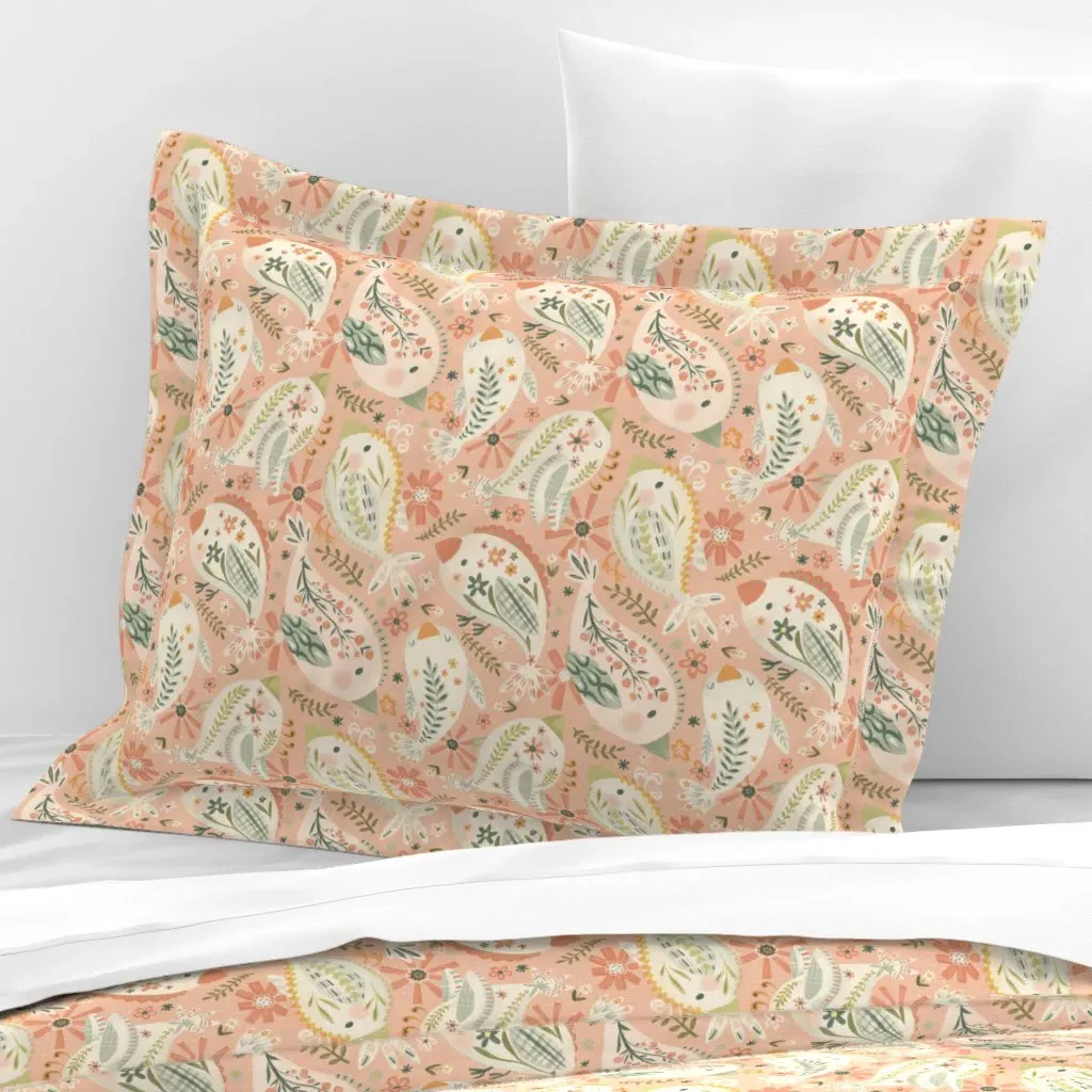 Whimsical Garden Birds Standard Flanged Cushion Cover - Peach, Cotton Sateen product