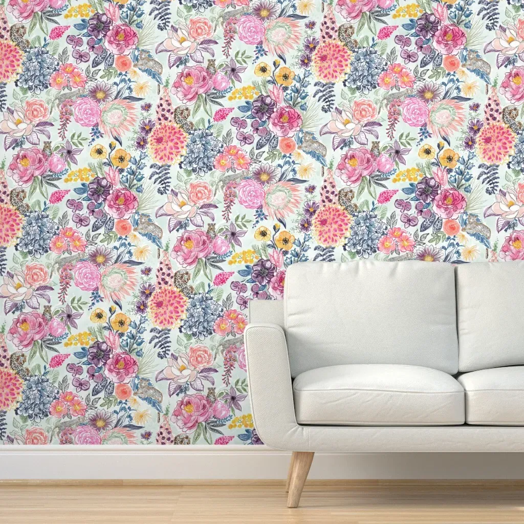 Whimsical Leopards In Blooms Peel and Stick Wallpaper - Gray, Blue, Pink product