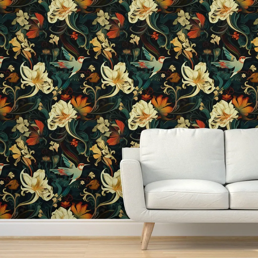 Whimsical Nouveau Hummingbird Floral Peel and Stick Wallpaper - Teal product