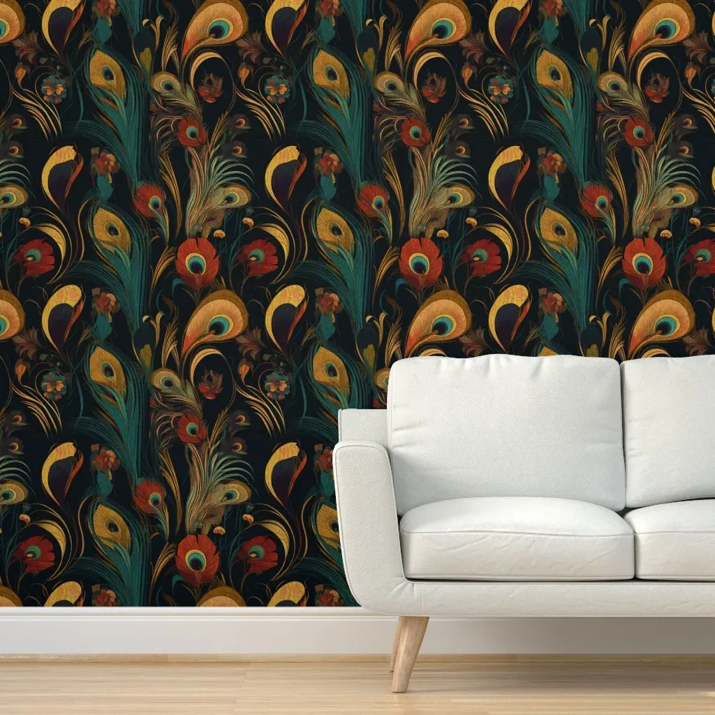 Whimsical Nouveau Peacock Feathers Peel and Stick Wallpaper - Teal product