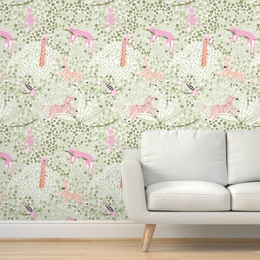 Whimsical Safari Peel and Stick Wallpaper - Green and Pink product