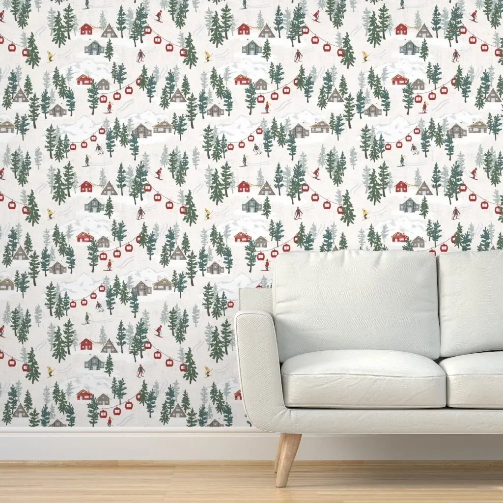 Whimsical Skier Cabin In The Woods Peel and Stick Wallpaper - Off-White product