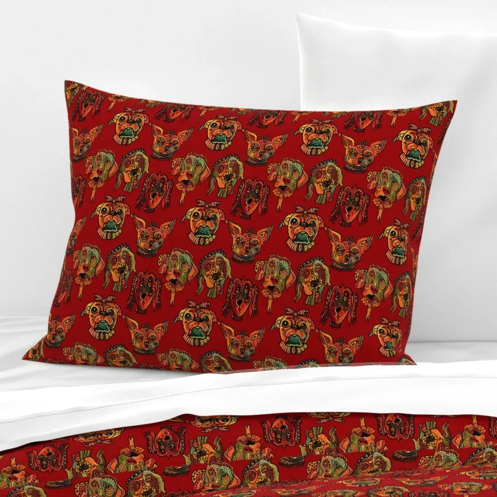 Whimsical Surrealist Dog Faces Standard Pillow - Red, Cotton Sateen product