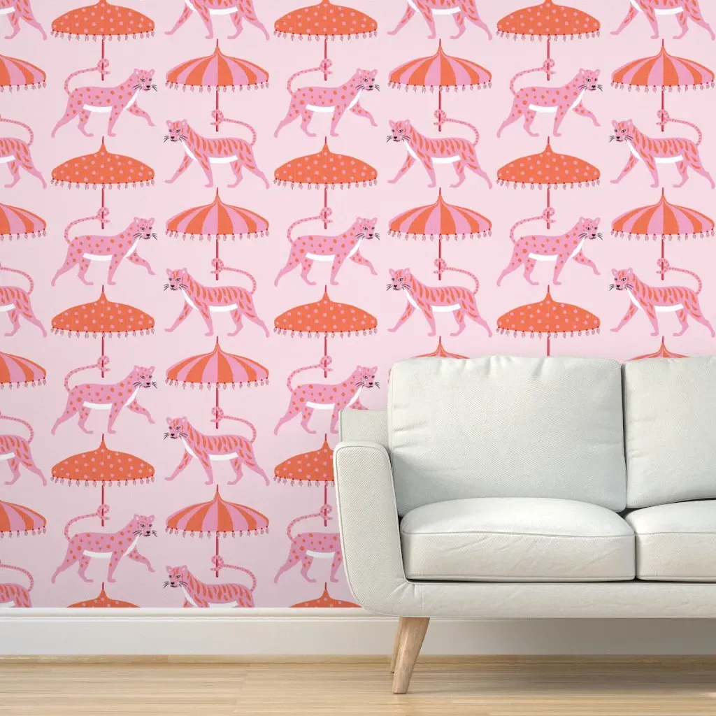 Whimsical Tiger And Leopard Parade Jumbo Peel and Stick Wallpaper - Pink And Orange product