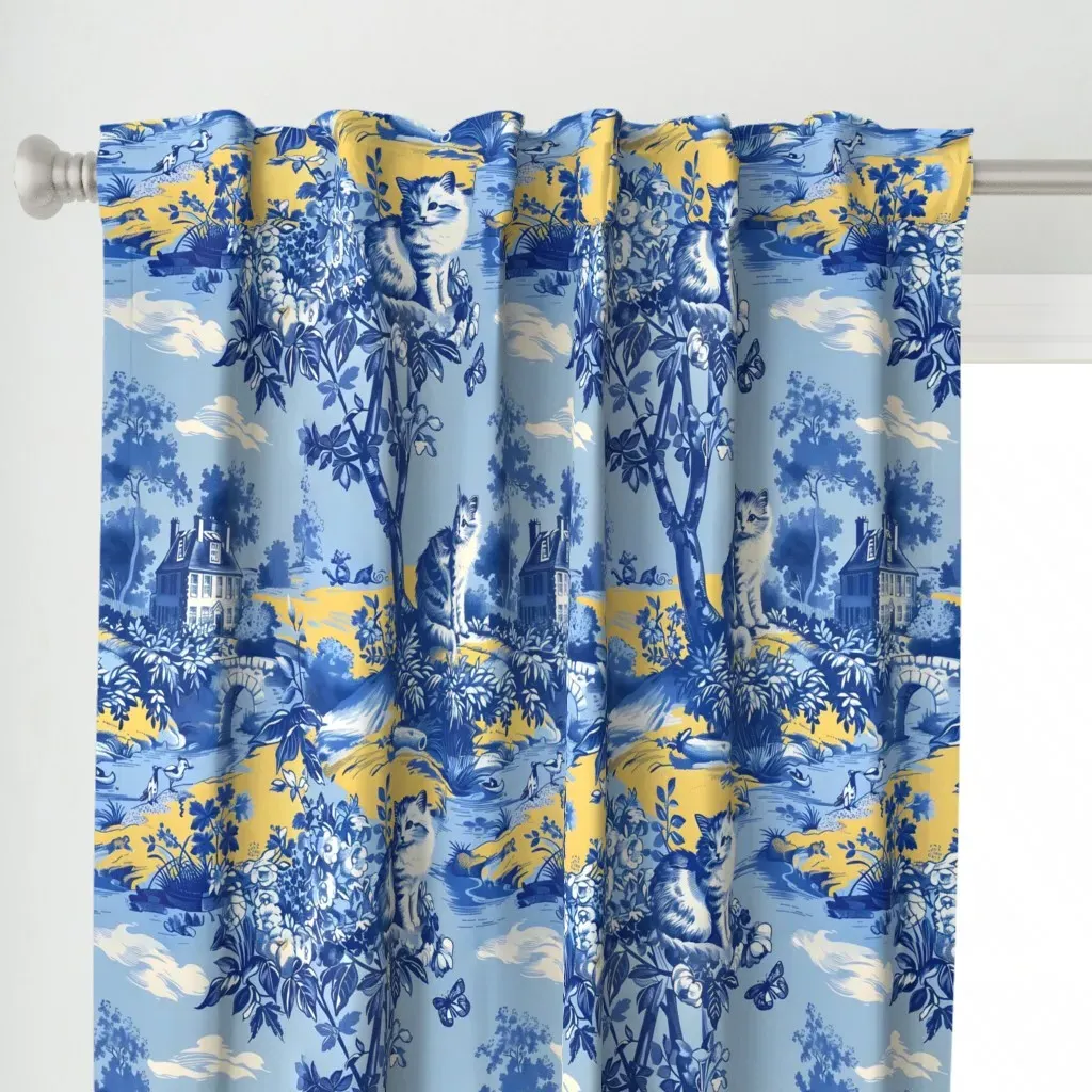 Whimsical Toile De Jouy Curtain Panel - Blue alternate view