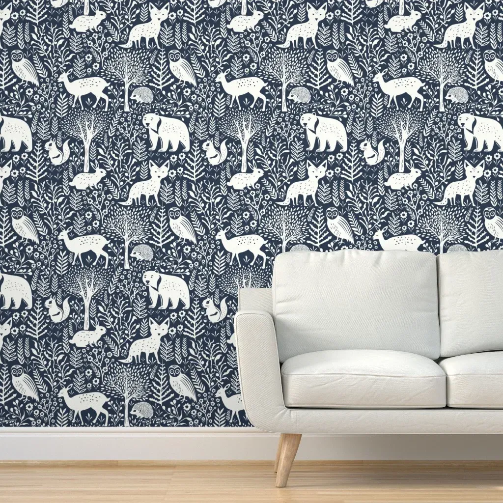 Whimsical Woodland Animals Peel and Stick Wallpaper - Navy Blue, White product