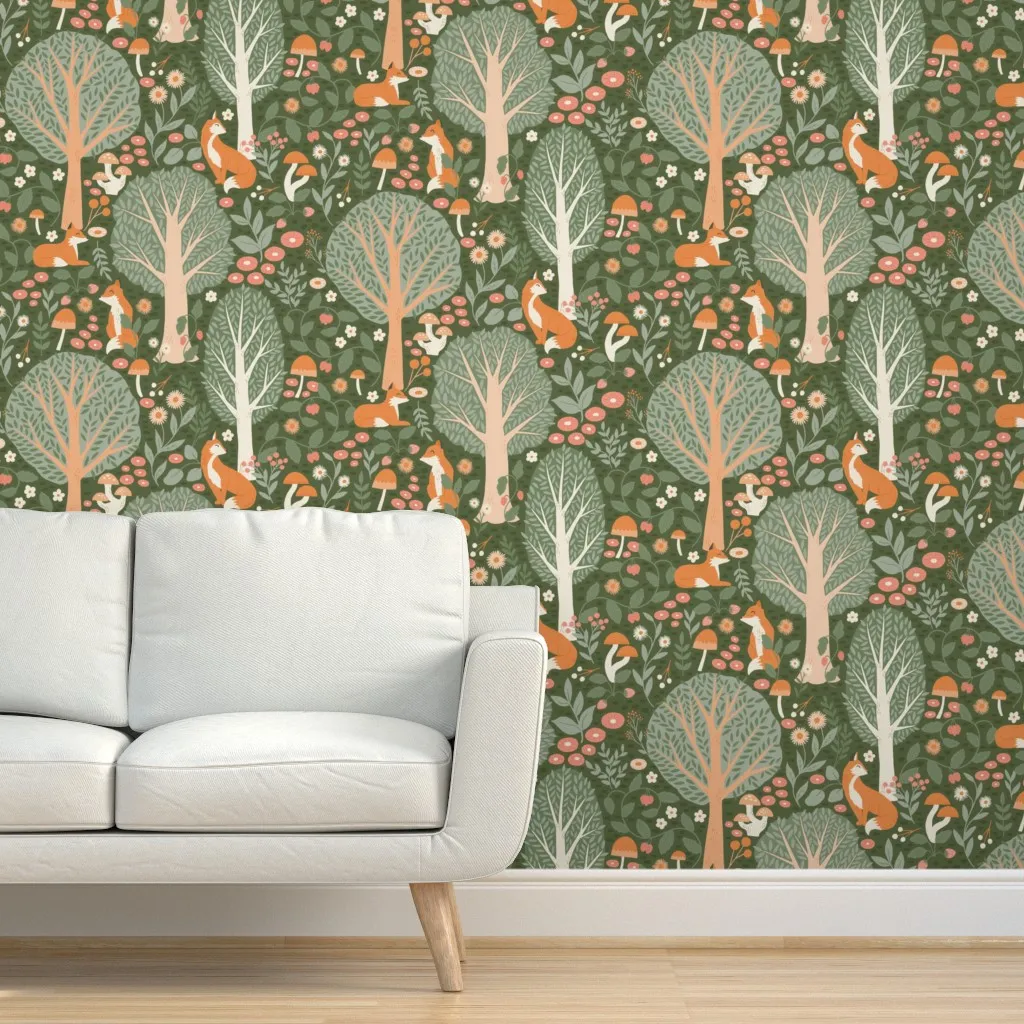 Whimsical Woodland Fox Peel and Stick Wallpaper - Dark Olive Green product