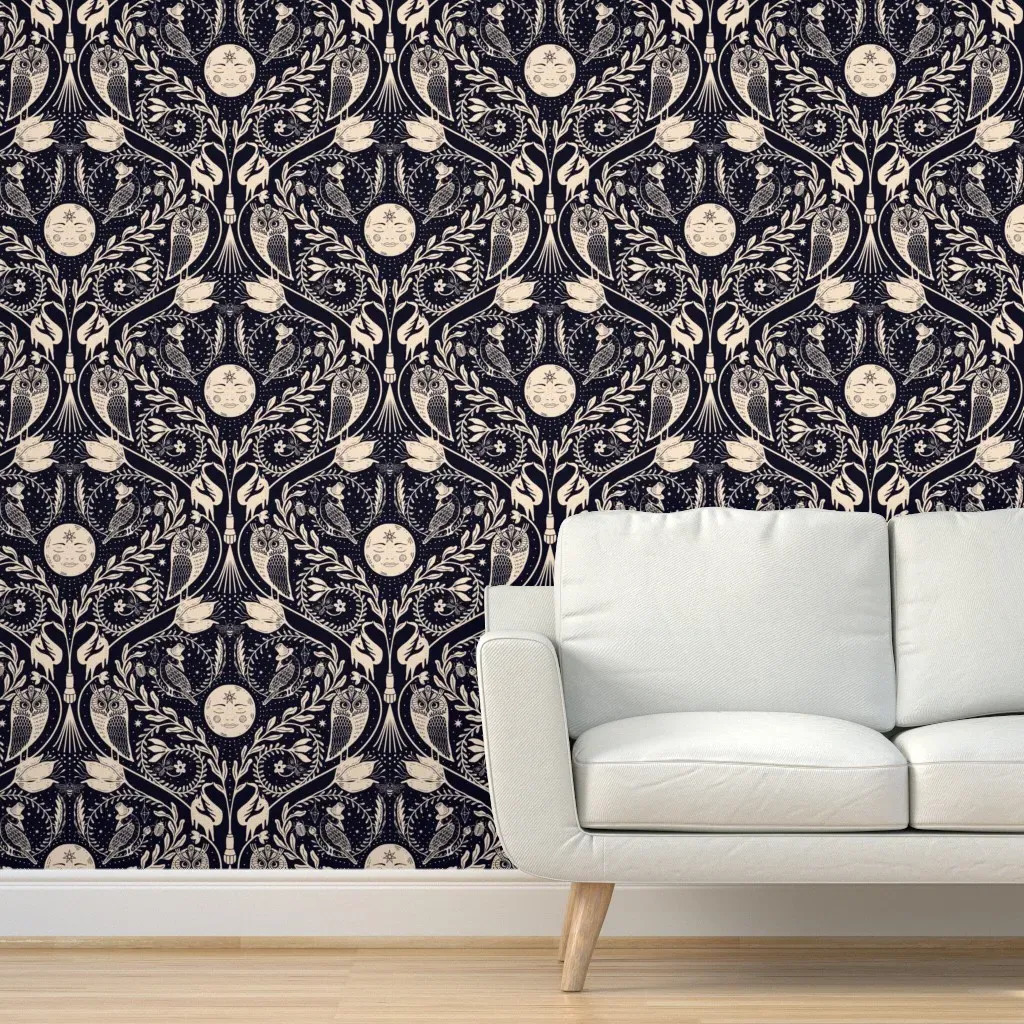 Whimsigothic Night Damask Peel and Stick Wallpaper - Black and White product