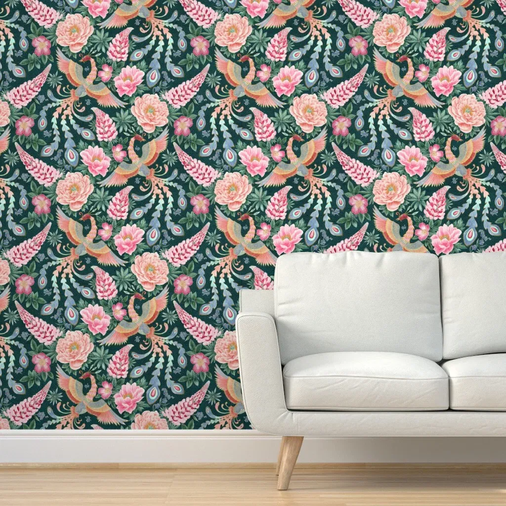 Whimsy Phoenix Chintz Peel and Stick Wallpaper - Teal product