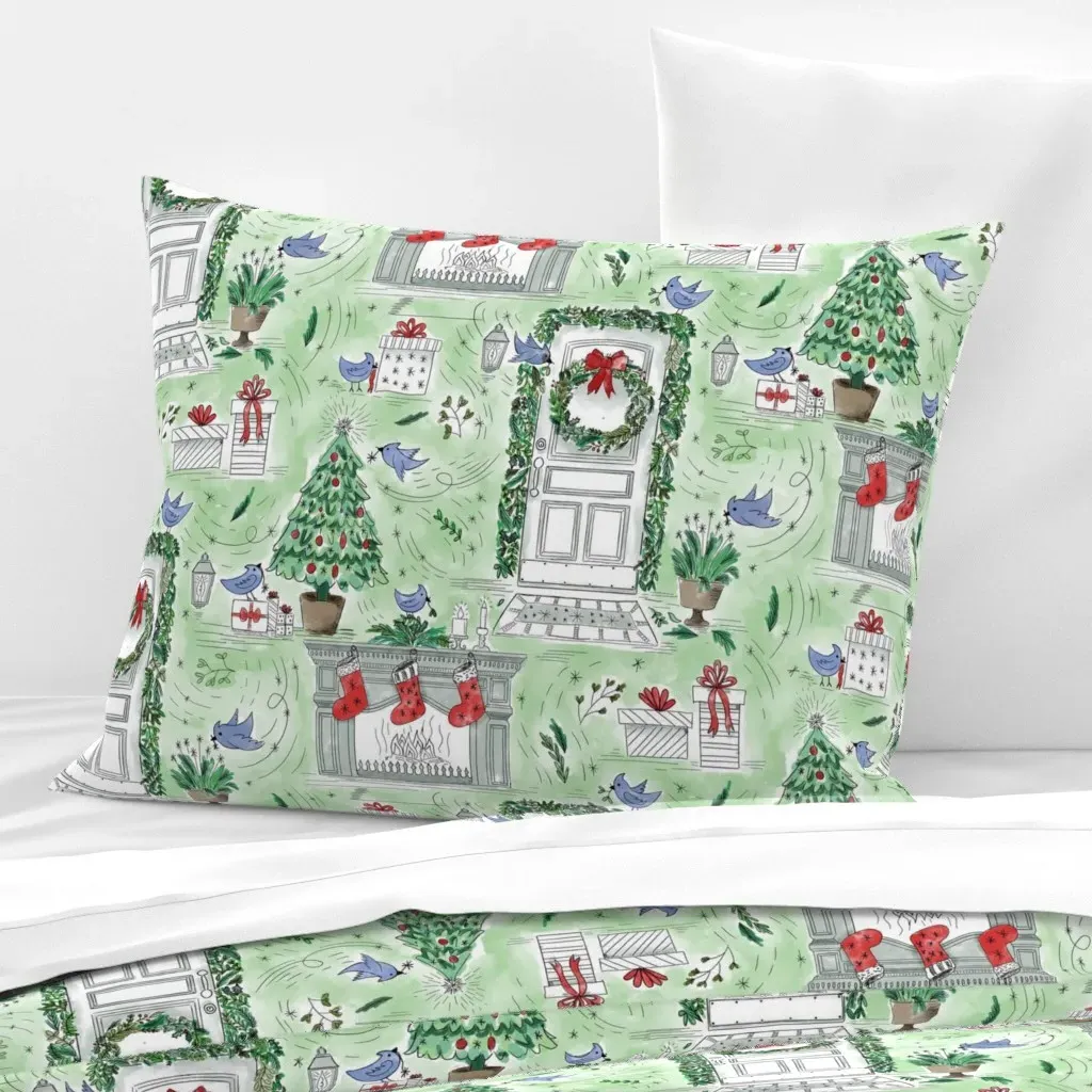 Whirlwind Of Christmas Decor Toile Standard Pillow - Green, Cotton Sateen product