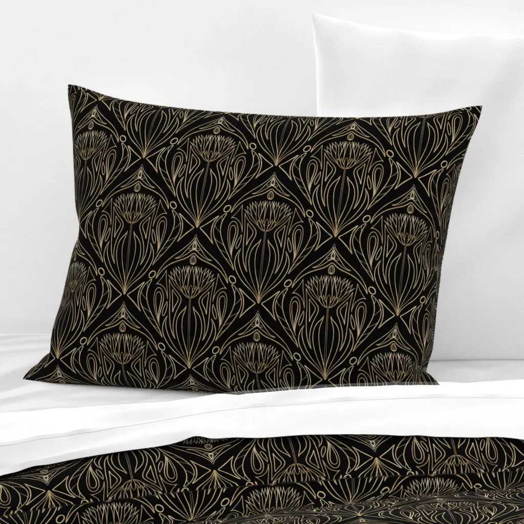 Whispering Dahlia Art Nouveau Floral Standard Pillow - Gold, Cotton Sateen product