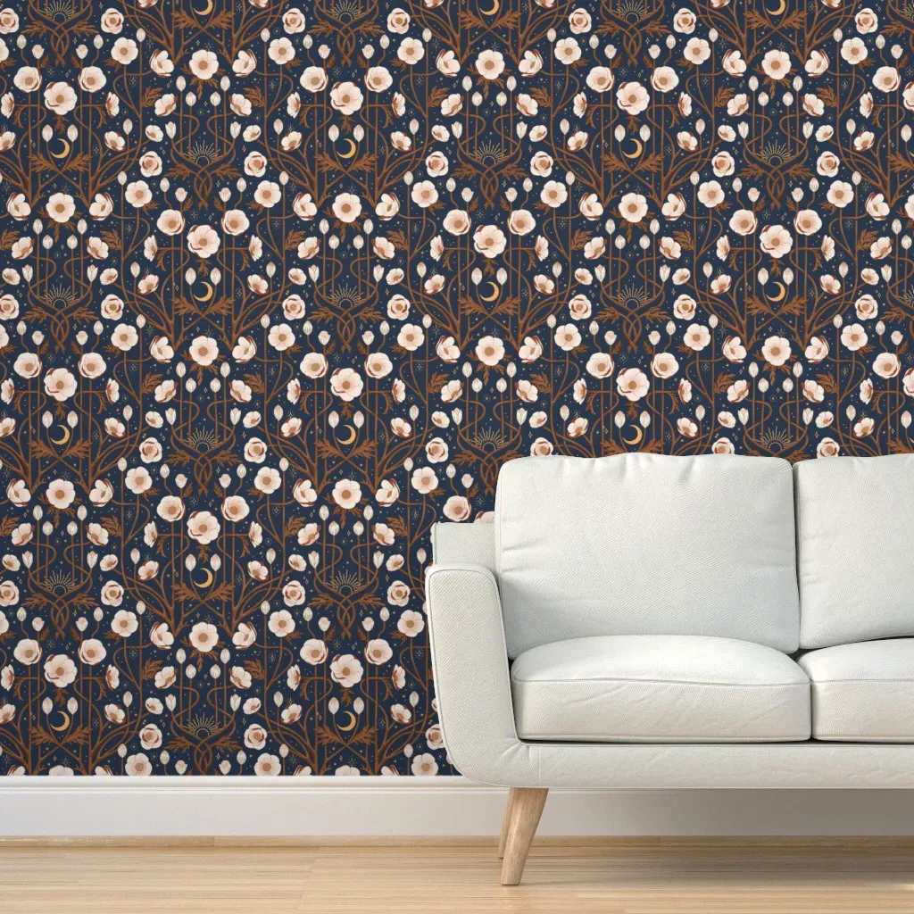 White Anemone Flowers Art Nouveau Peel and Stick Wallpaper - Cream product