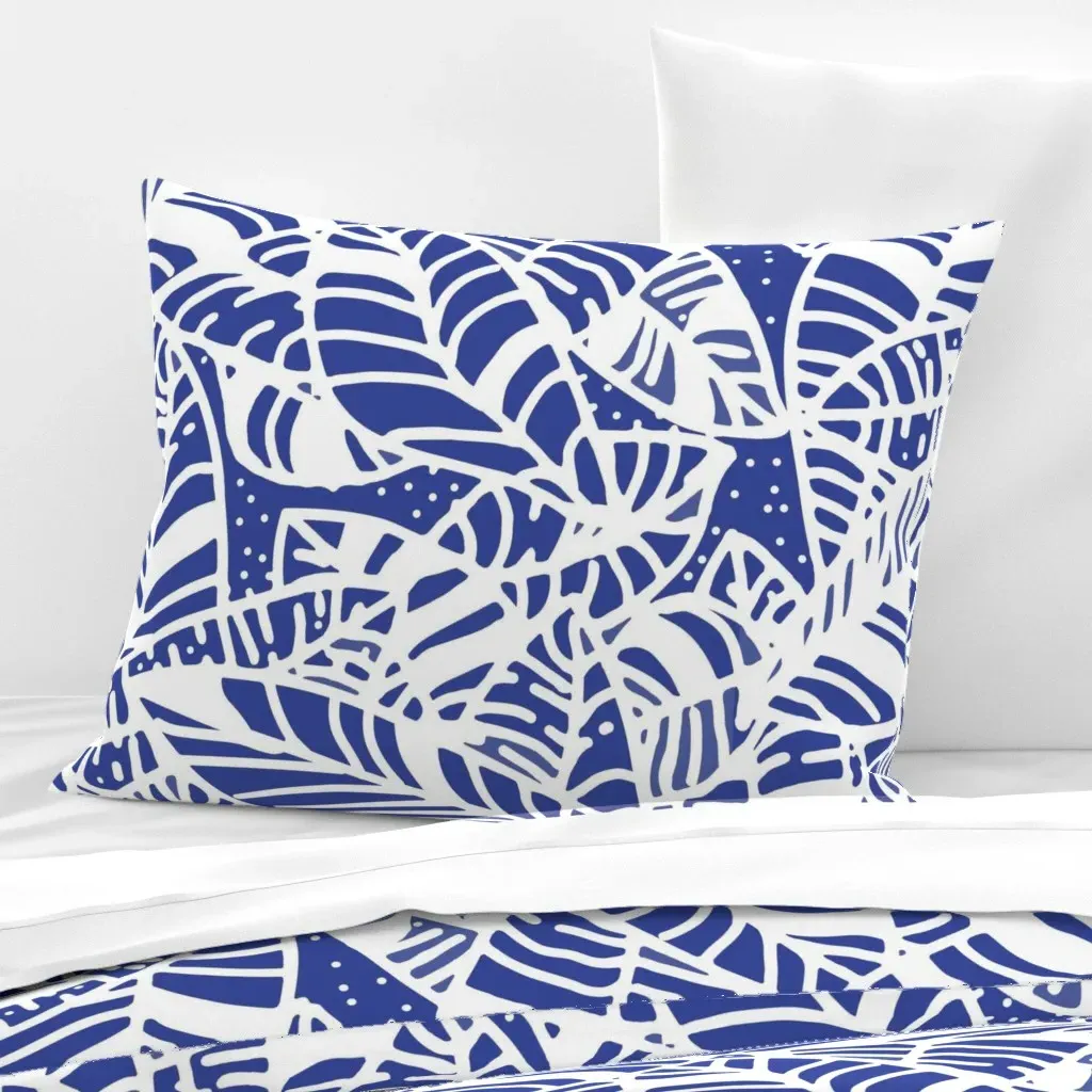 White Batik Leaves Standard Knife Edge Cushion Cover - Indigo, Cotton Sateen product