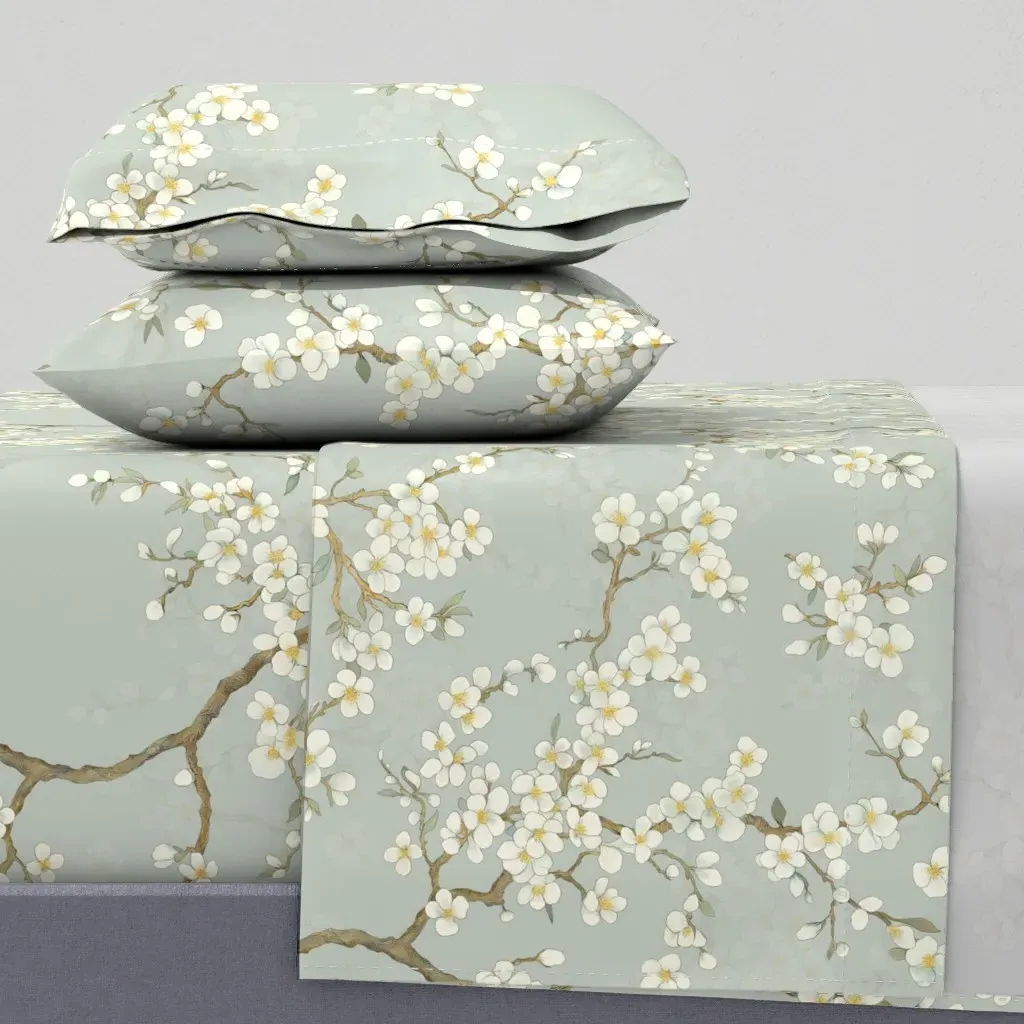 White Blossoms Botanical King Sheet Set - White, Green product