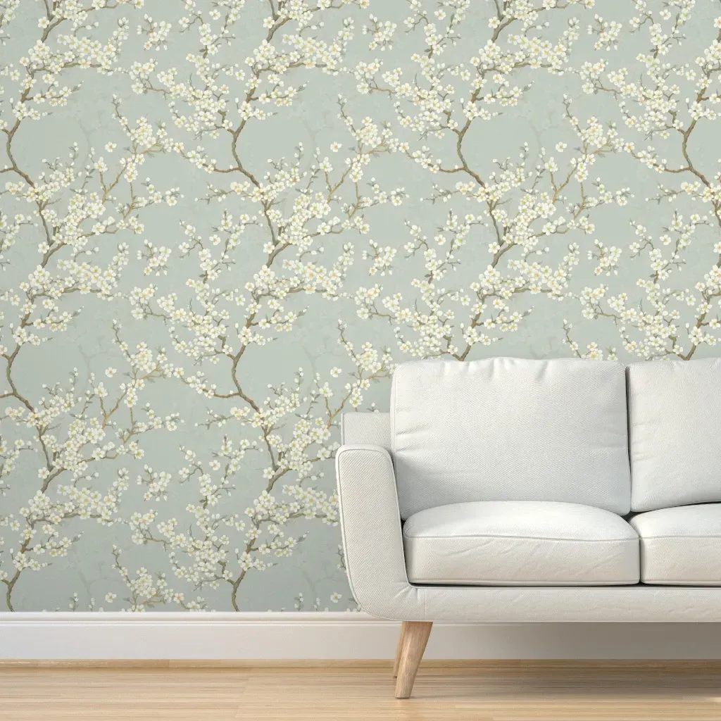 White Blossoms Botanical Peel and Stick Wallpaper - Pale Pastel Green product