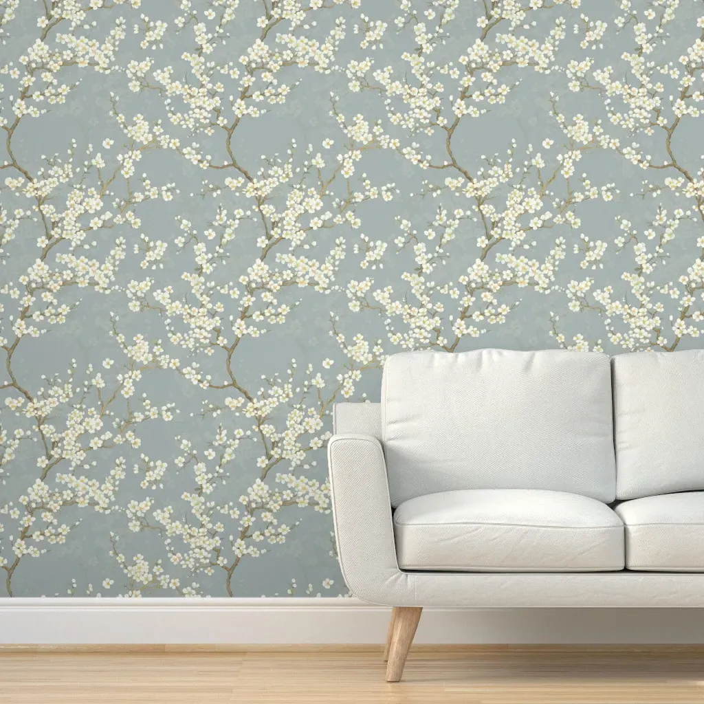 White Blossoms Botanical Peel and Stick Wallpaper - White, Grey Green product