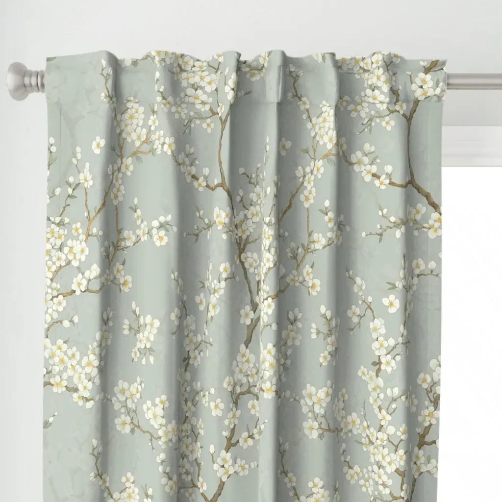 White Blossoms On Pale Curtain Panel - White alternate view