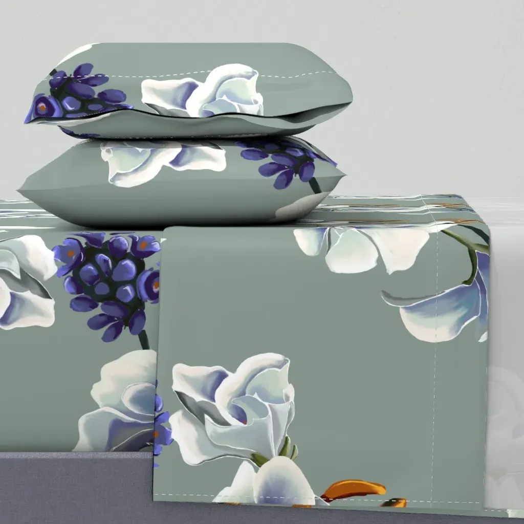 White Bouquet Diagonale on Sage Green King Sheet Set product