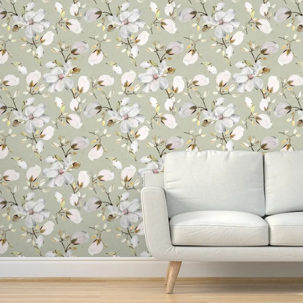 White Floral Sage Green Watercolor Peel and Stick Wallpaper - Light Pink product