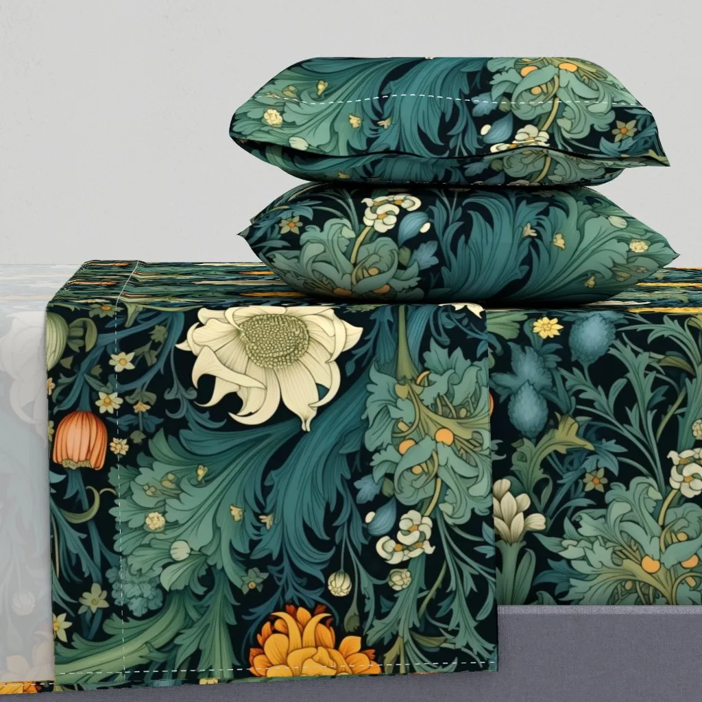 White Flowers With Blue Accents King Sheet Set - Green product