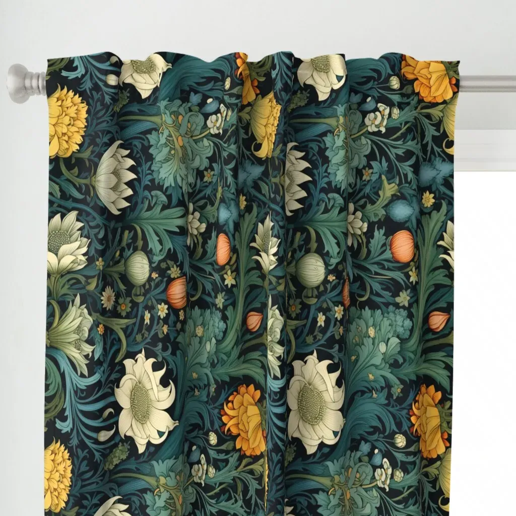 White Flowers With Blue Curtain Panel - Green alternate view