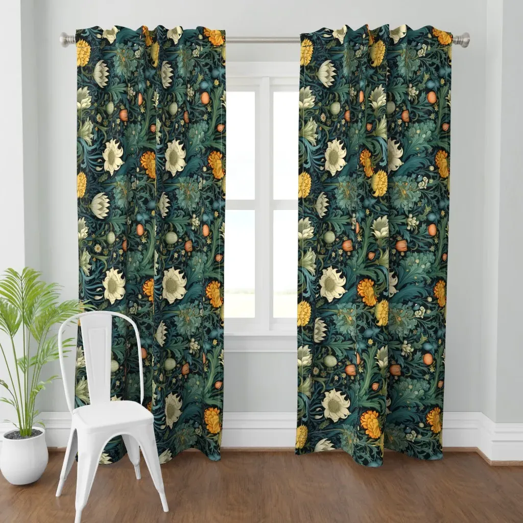 White Flowers With Blue Curtain Panel - Green product