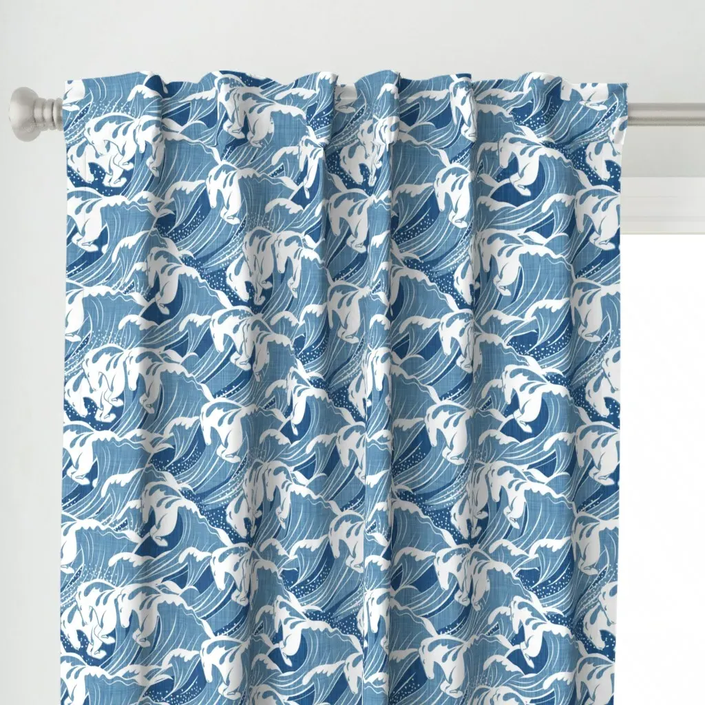 White Horses Curtain Panel - Blue alternate view