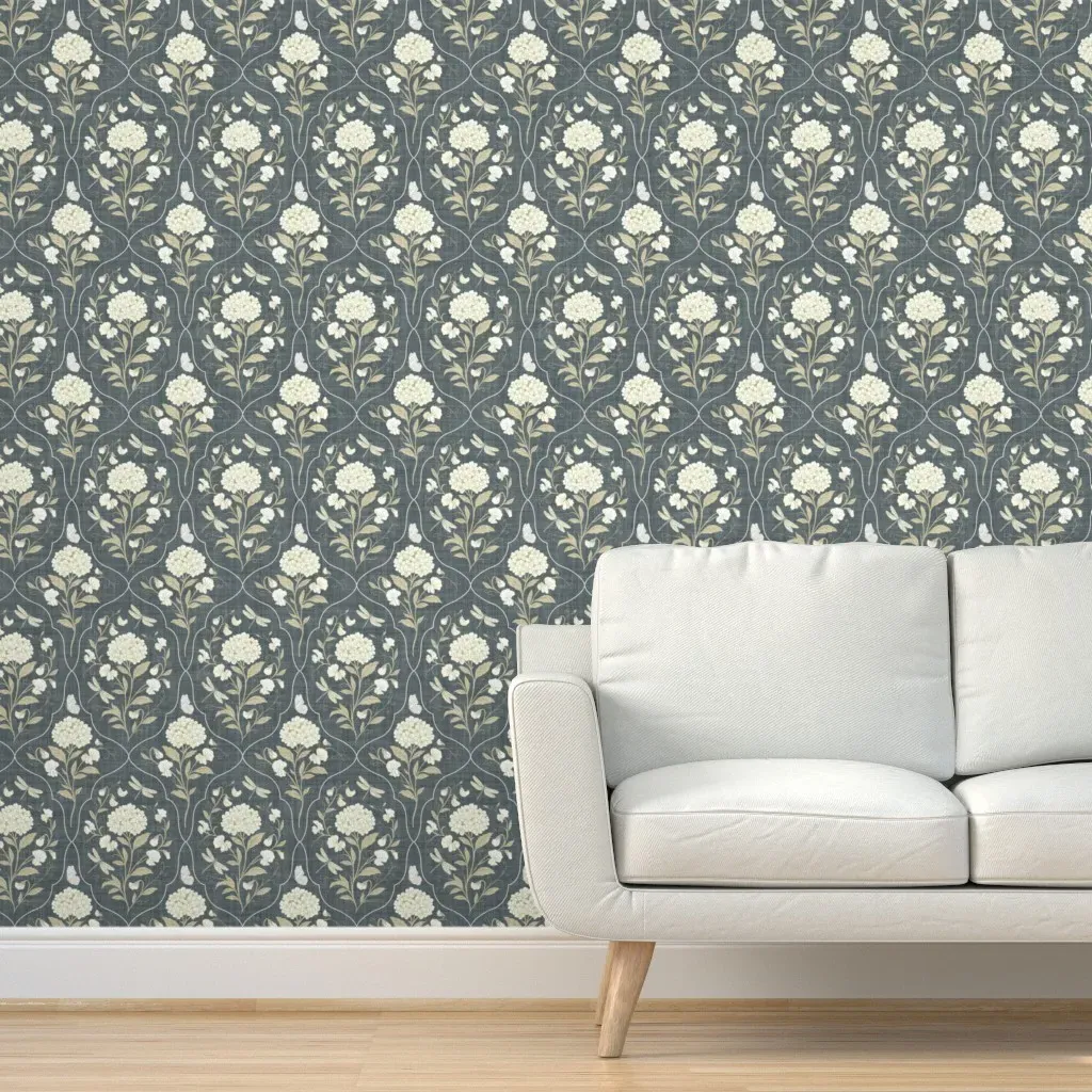 White Hydrangea & Dragonfly Trellis XL Peel and Stick Wallpaper - Cream product