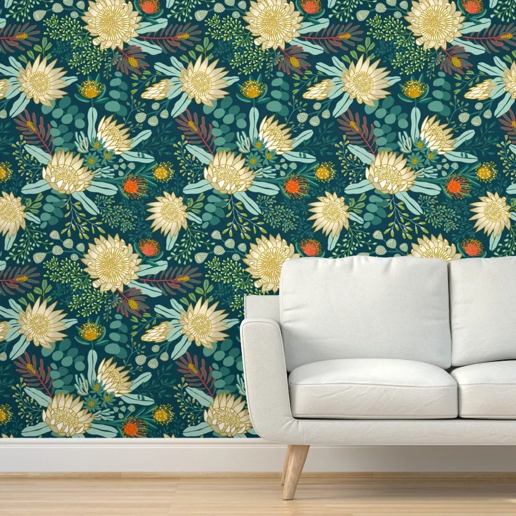 White King Protea Boho Botanical Peel and Stick Wallpaper - Navy product